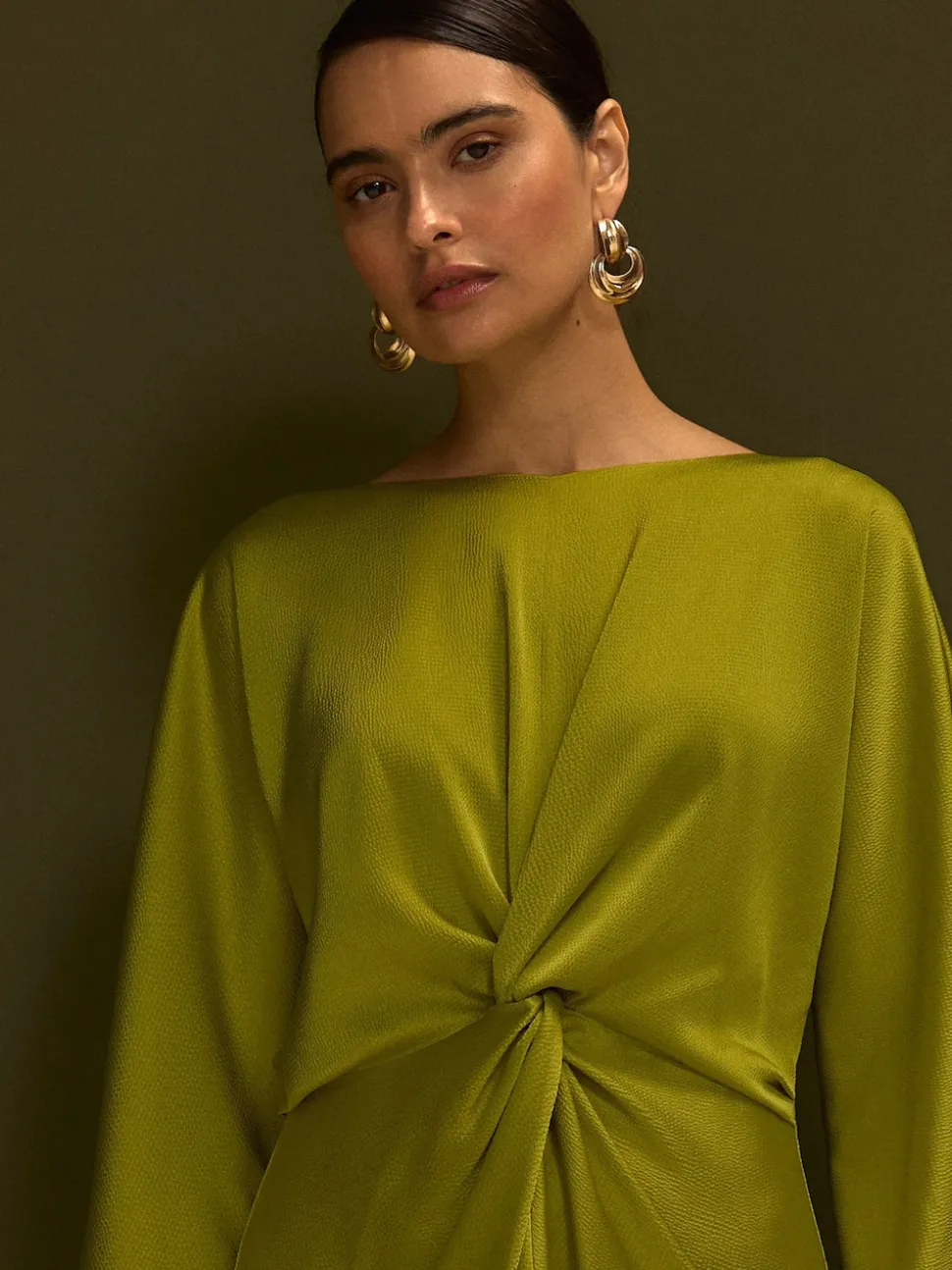 Lime Green Twist Front Long Sleeve Satin Maxi Dress