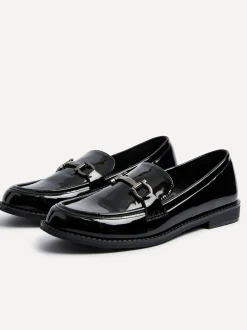 Linzi Black Belle Patent Slip-Ons Leather Loafers With Gold Trim