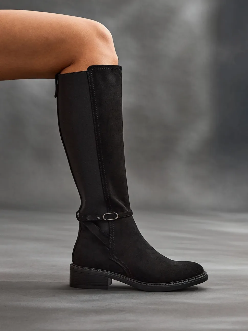 Linzi Black Dark Power High Leg Boots With Stretch Side Panel and Buckle Detail
