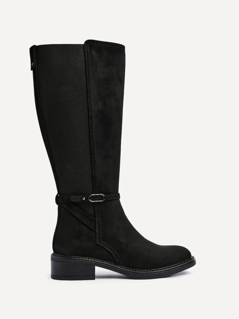 Linzi Black Dark Power High Leg Boots With Stretch Side Panel and Buckle Detail