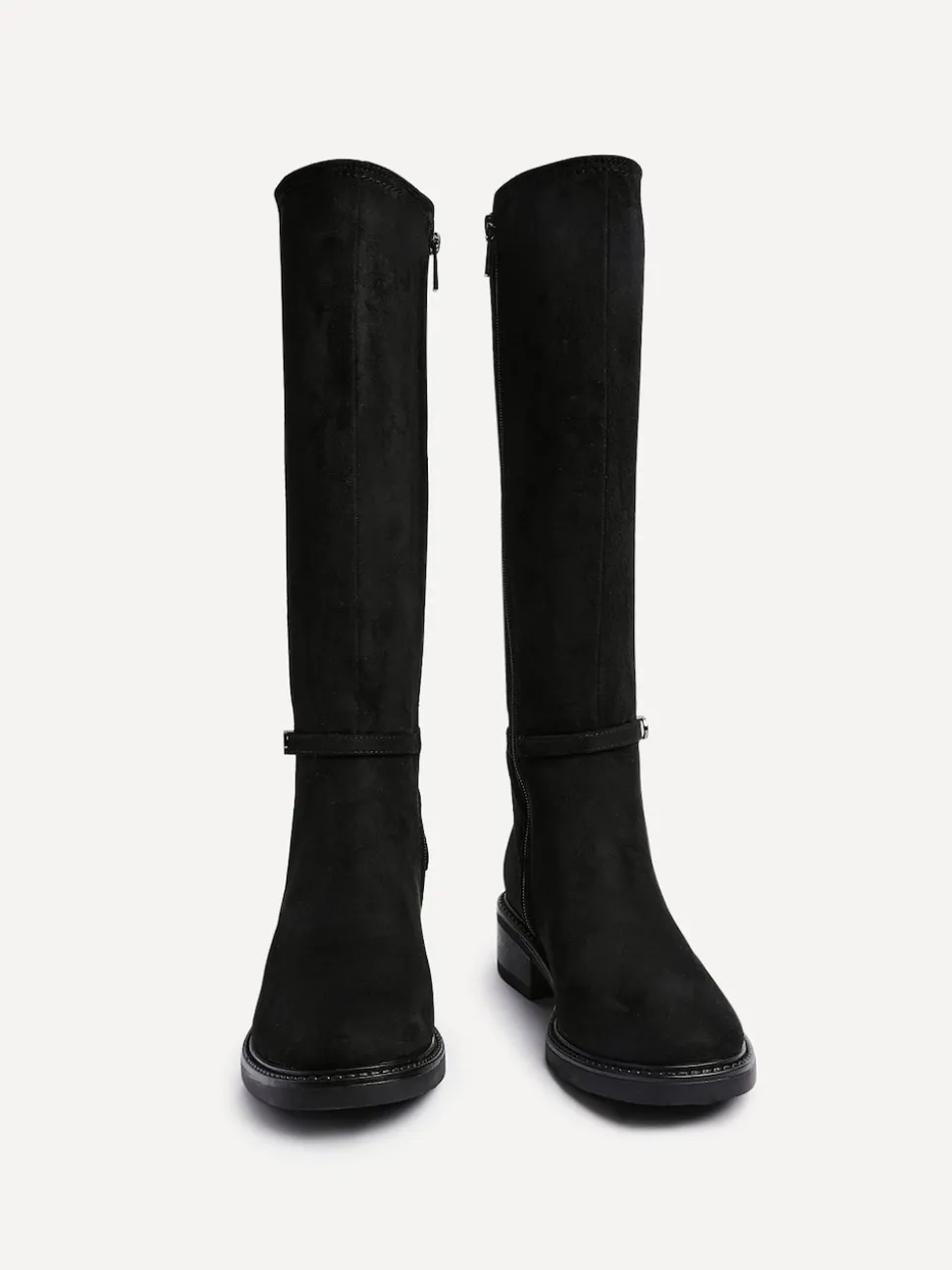 Linzi Black Dark Power High Leg Boots With Stretch Side Panel and Buckle Detail