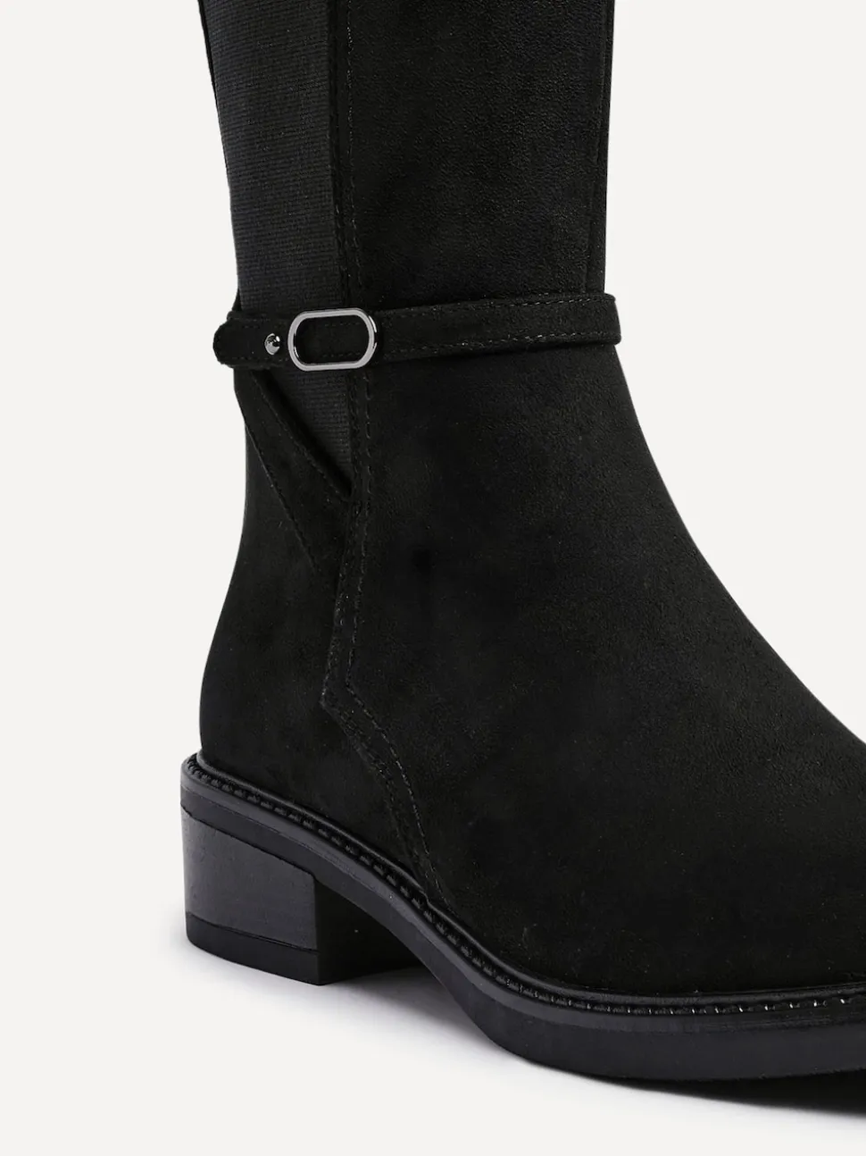 Linzi Black Dark Power High Leg Boots With Stretch Side Panel and Buckle Detail