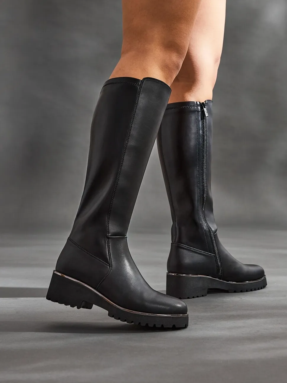 Linzi Black Gravity Stretch High Leg Wedge Boots