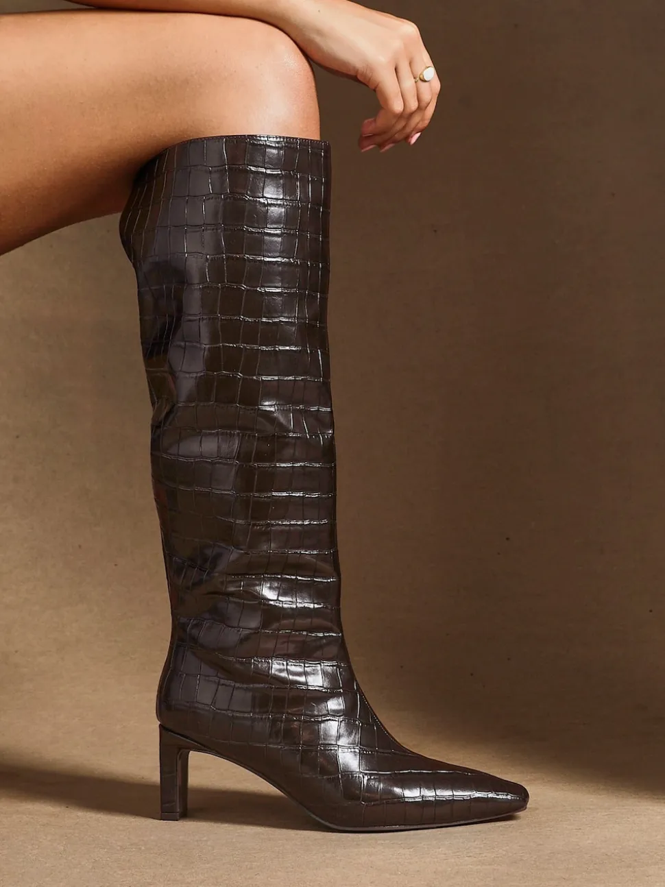 Linzi Black High Leg Uptown Slim Block Heel High Leg Boots
