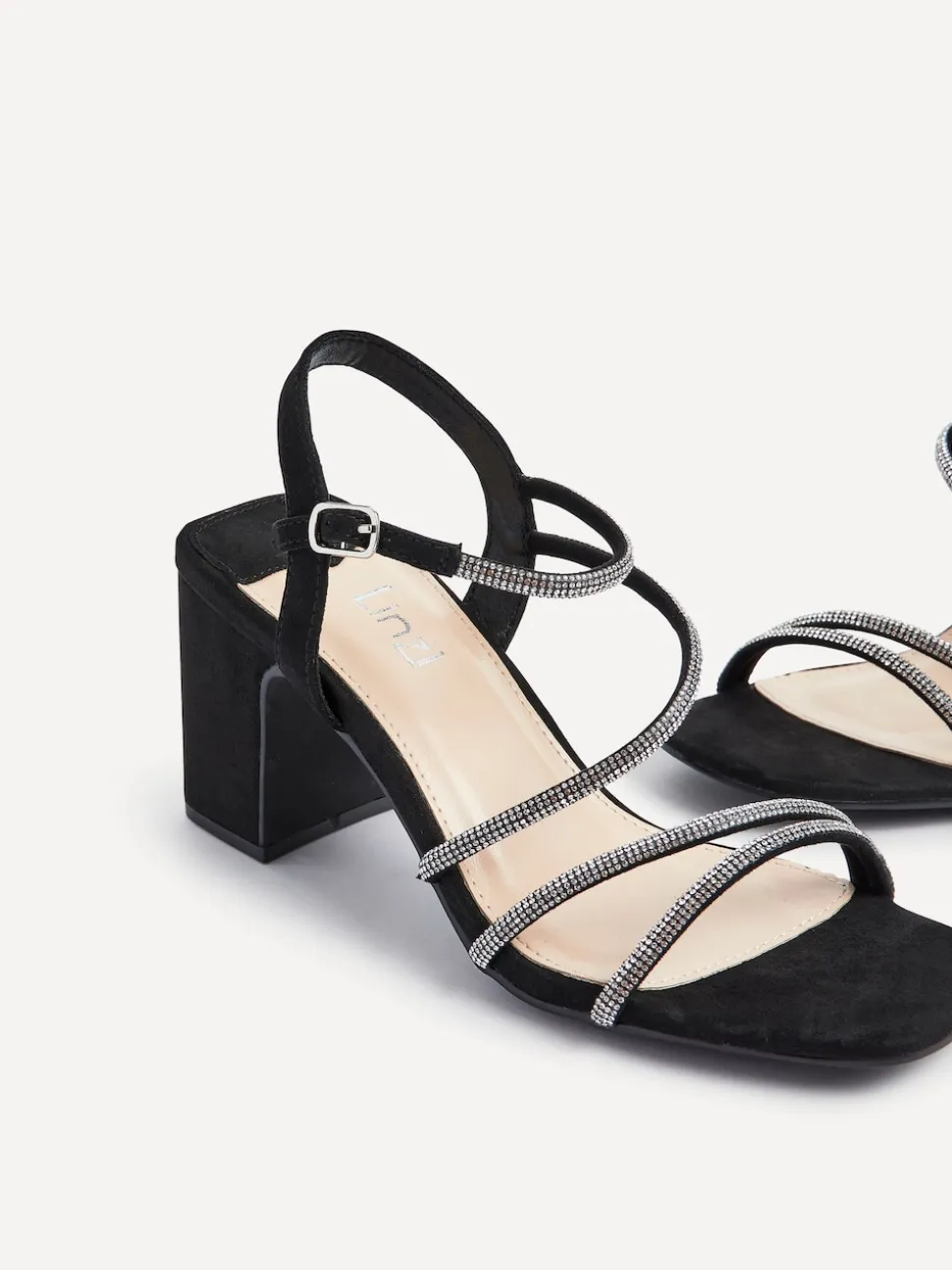 Linzi Black Kira Strappy Diamante Block Heeled Sandals