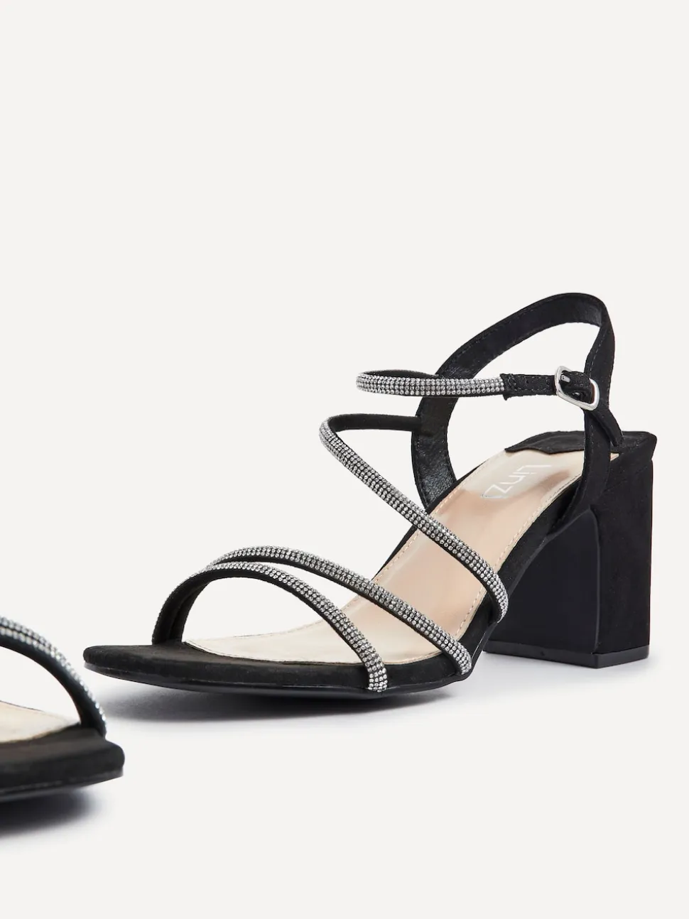 Linzi Black Kira Strappy Diamante Block Heeled Sandals