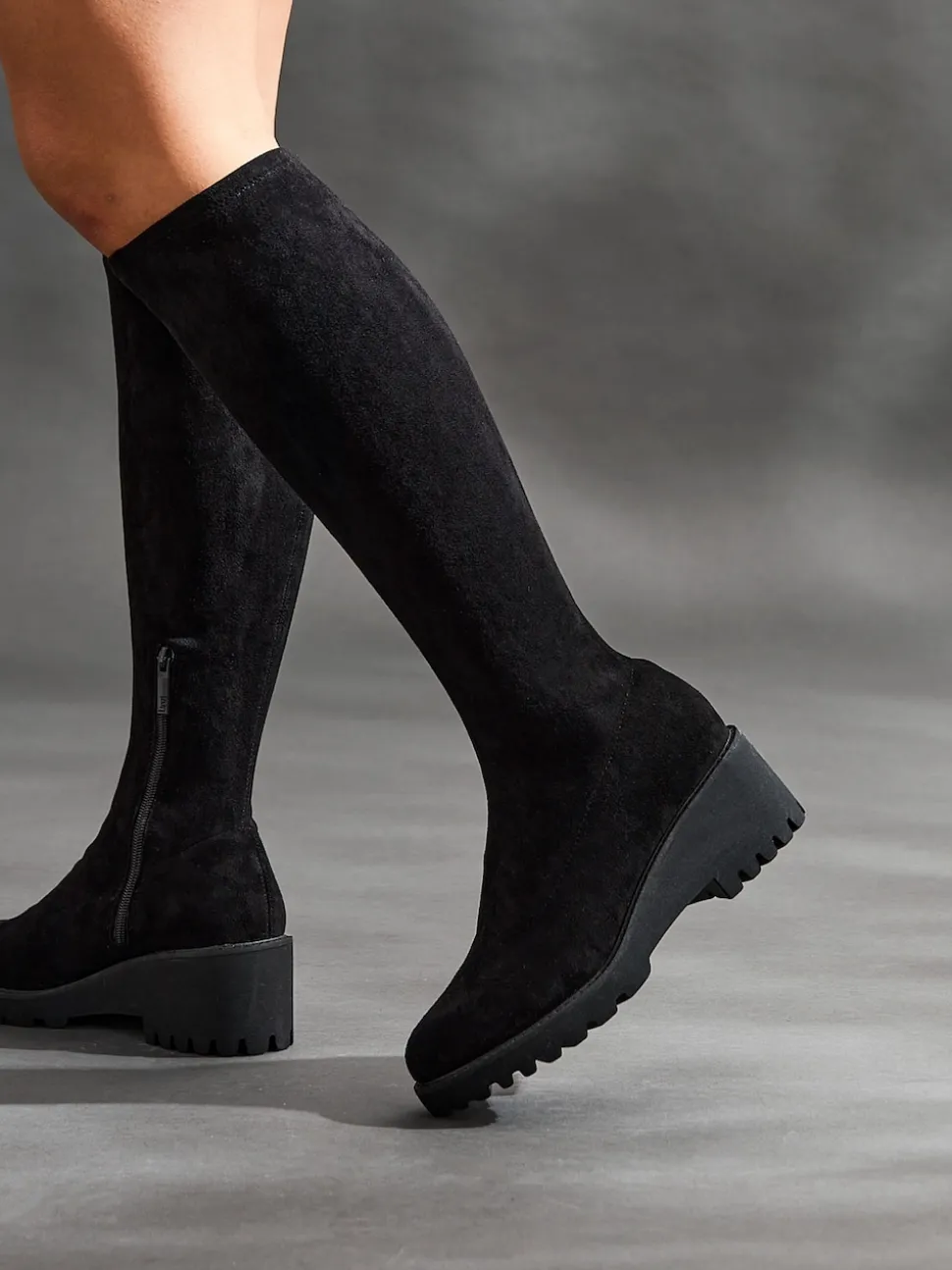 Linzi Black Kortina Brown Suede High Leg Boots With Wedged Heel