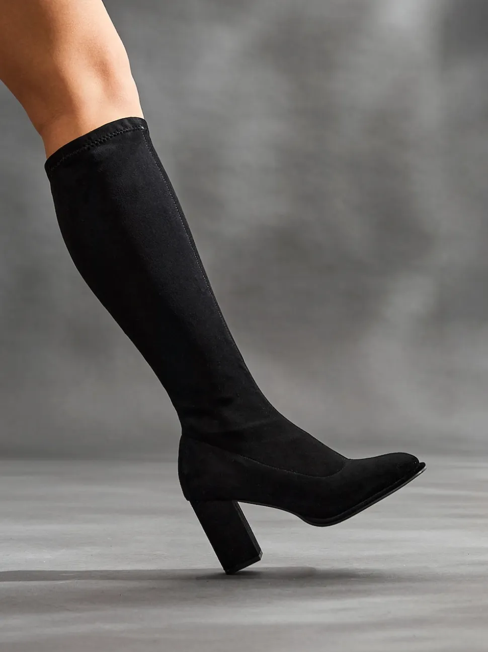 Linzi Black Kylie Stretch High Leg Block Heeled Boots