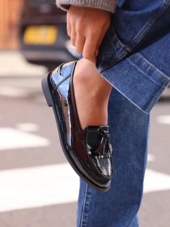 Linzi Black Patent Rosemary Classic Slip-On Loafers With Tassel Detail