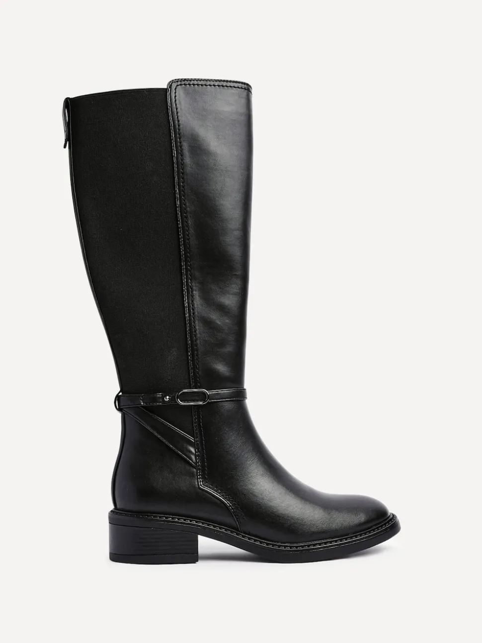 Linzi Black Power High Leg Boots With Stretch Side Panel and Buckle Detail