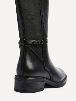 Linzi Black Power High Leg Boots With Stretch Side Panel and Buckle Detail