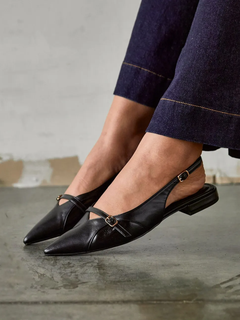 Linzi Black Prague Pointed Toe Ballet Flats With Buckle Detail