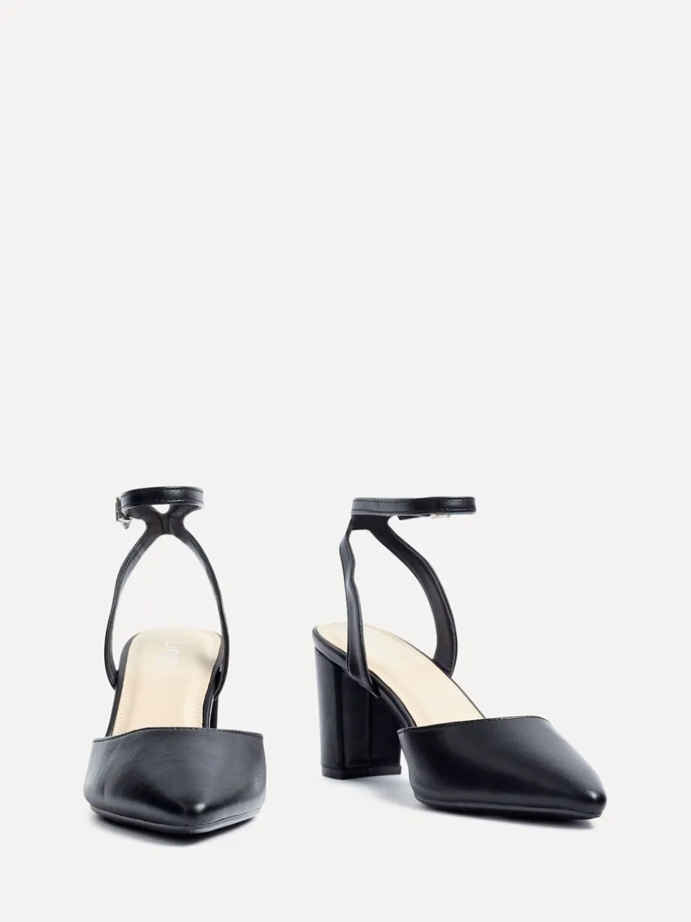 Linzi Black PU Rendall Open Back Block Heeled Court Shoes