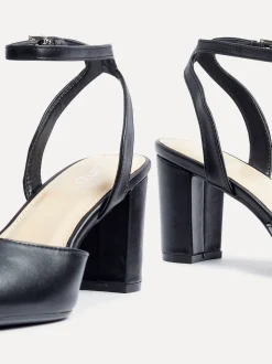 Linzi Black PU Rendall Open Back Block Heeled Court Shoes