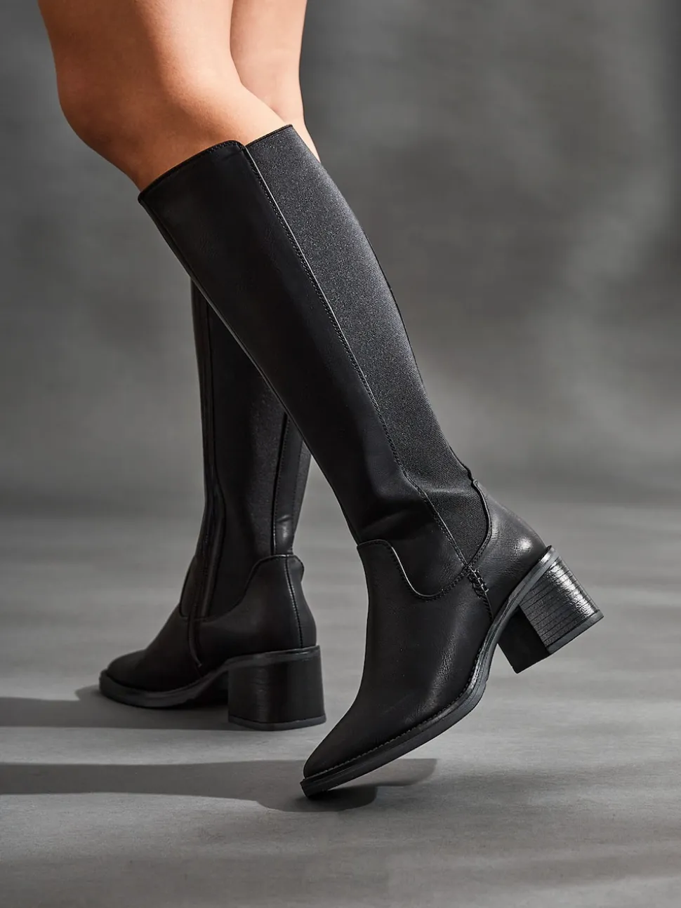 Linzi Black Reason Block Heel High Leg Boots With Back Stretch Panel