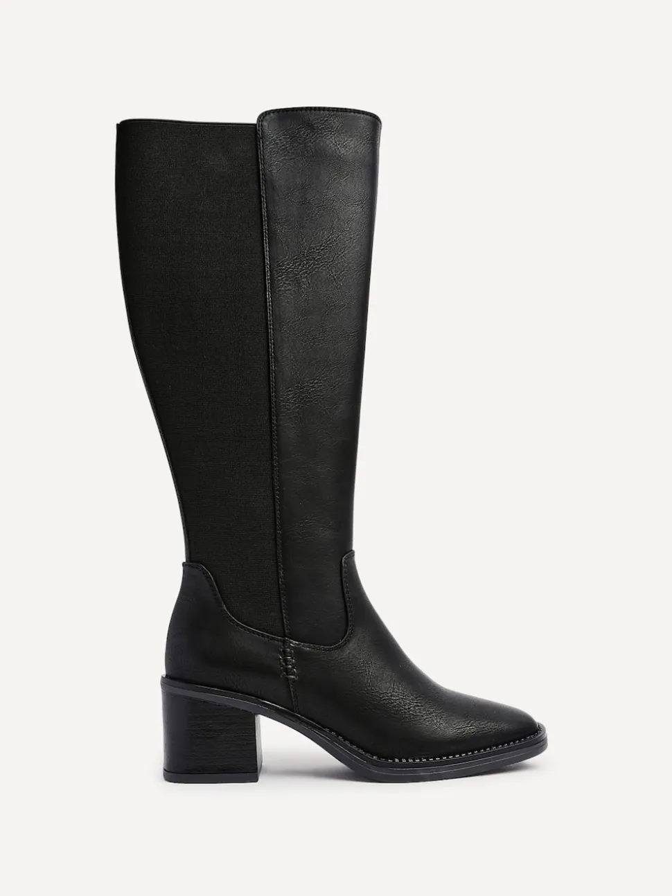 Linzi Black Reason Block Heel High Leg Boots With Back Stretch Panel