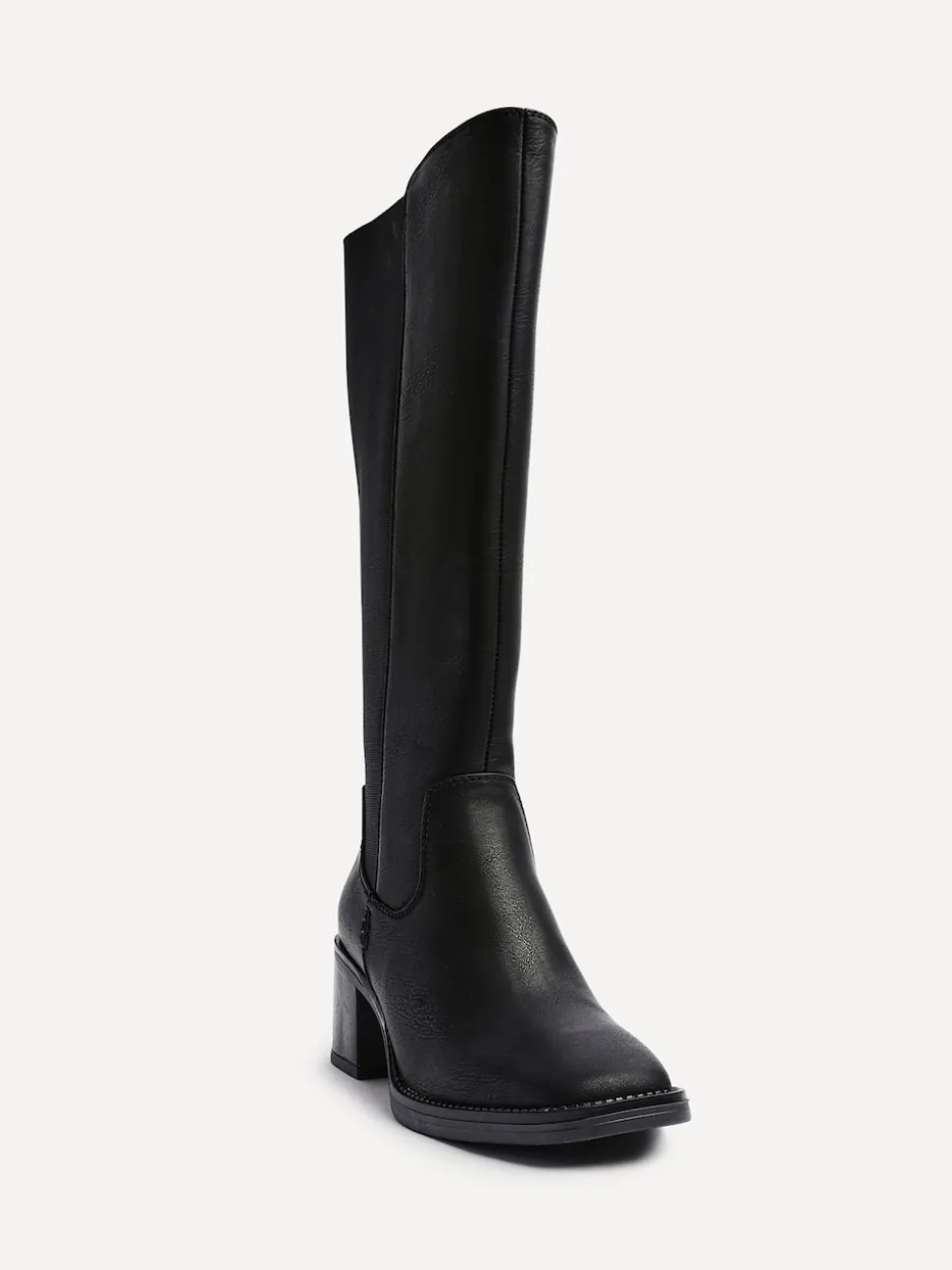 Linzi Black Reason Block Heel High Leg Boots With Back Stretch Panel