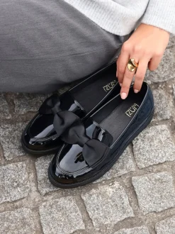 Linzi Black Wide Fit Violetta Classic Slip-On Loafers With Fabric Bow Detail