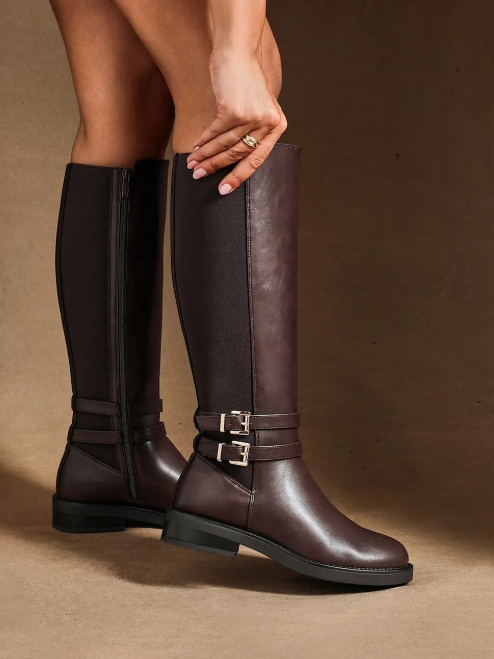 Linzi Brown Fierce High Leg Boots With Double Buckle Detail