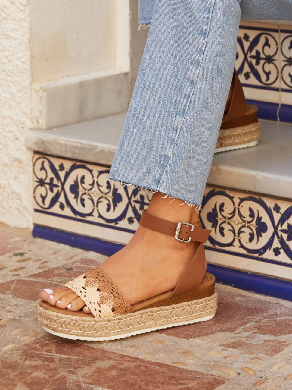 Linzi Brown Harbour Two Part Raffia Flatform Sandals