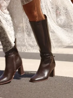 Linzi Brown Midtown Block Heel High Leg Boots With Buckle Detail