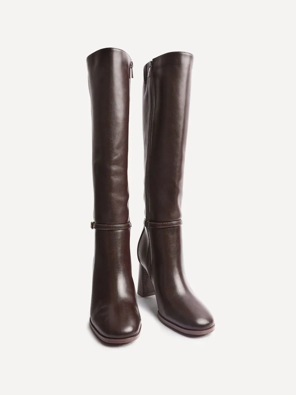 Linzi Brown Midtown Block Heel High Leg Boots With Buckle Detail