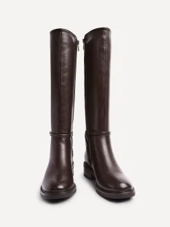 Linzi Brown Power High Leg Boots With Stretch Side Panel and Buckle Detail