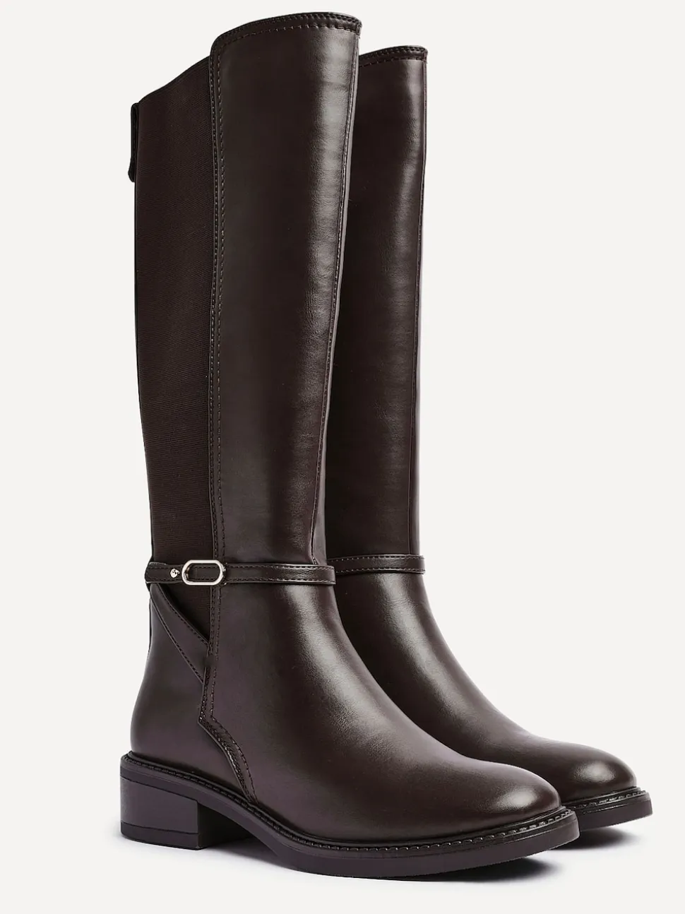 Linzi Brown Power High Leg Boots With Stretch Side Panel and Buckle Detail