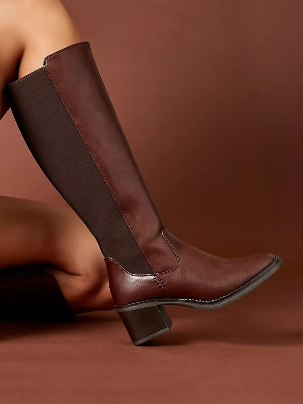 Linzi Brown Reason Block Heel High Leg Boots With Back Stretch Panel