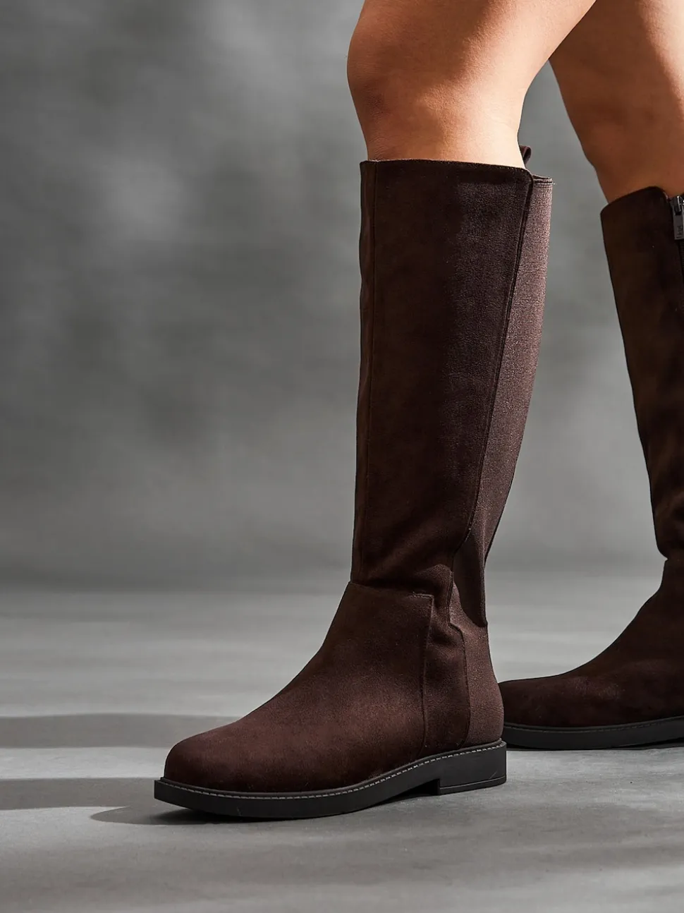 Linzi Brown Wide Fit Wide Fit Steel High Leg Boots With Stretch Panel