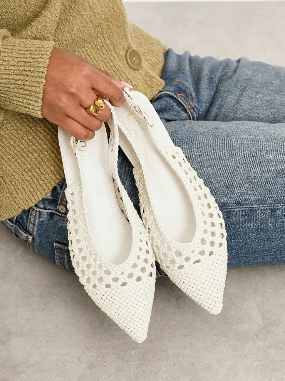 Linzi Cream Carolina Low Heeled Woven Slingback Courts