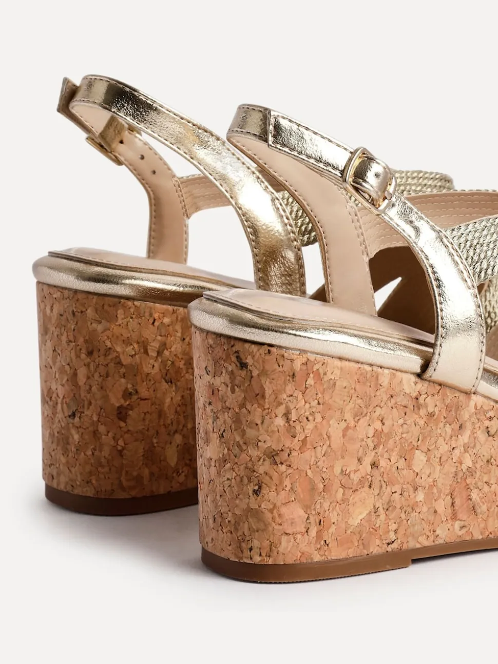 Linzi Gold Destined Cork Wedges With Crossover Textured Straps