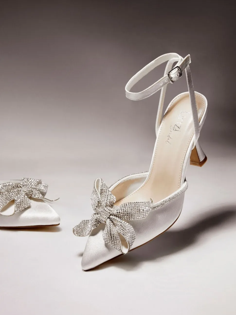 Linzi Ivory Bridal Angela Satin Diamante Bow Detail Court Heels