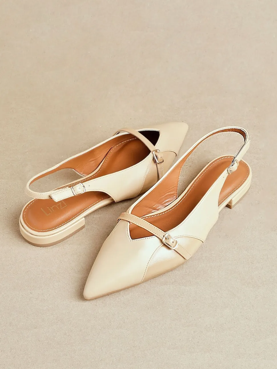 Linzi Natural Prague Pointed Toe Ballet Flats With Buckle Detail
