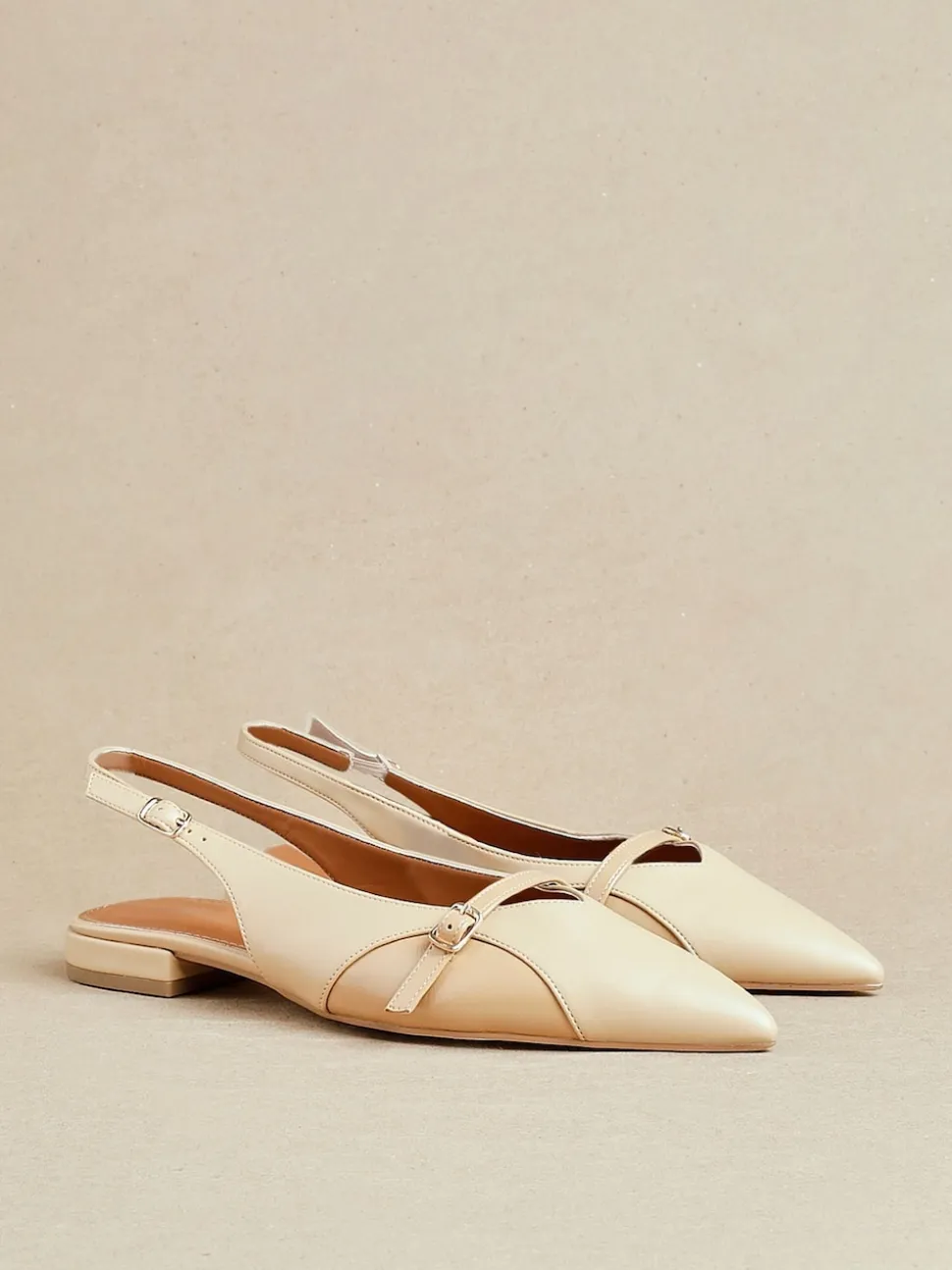 Linzi Natural Prague Pointed Toe Ballet Flats With Buckle Detail