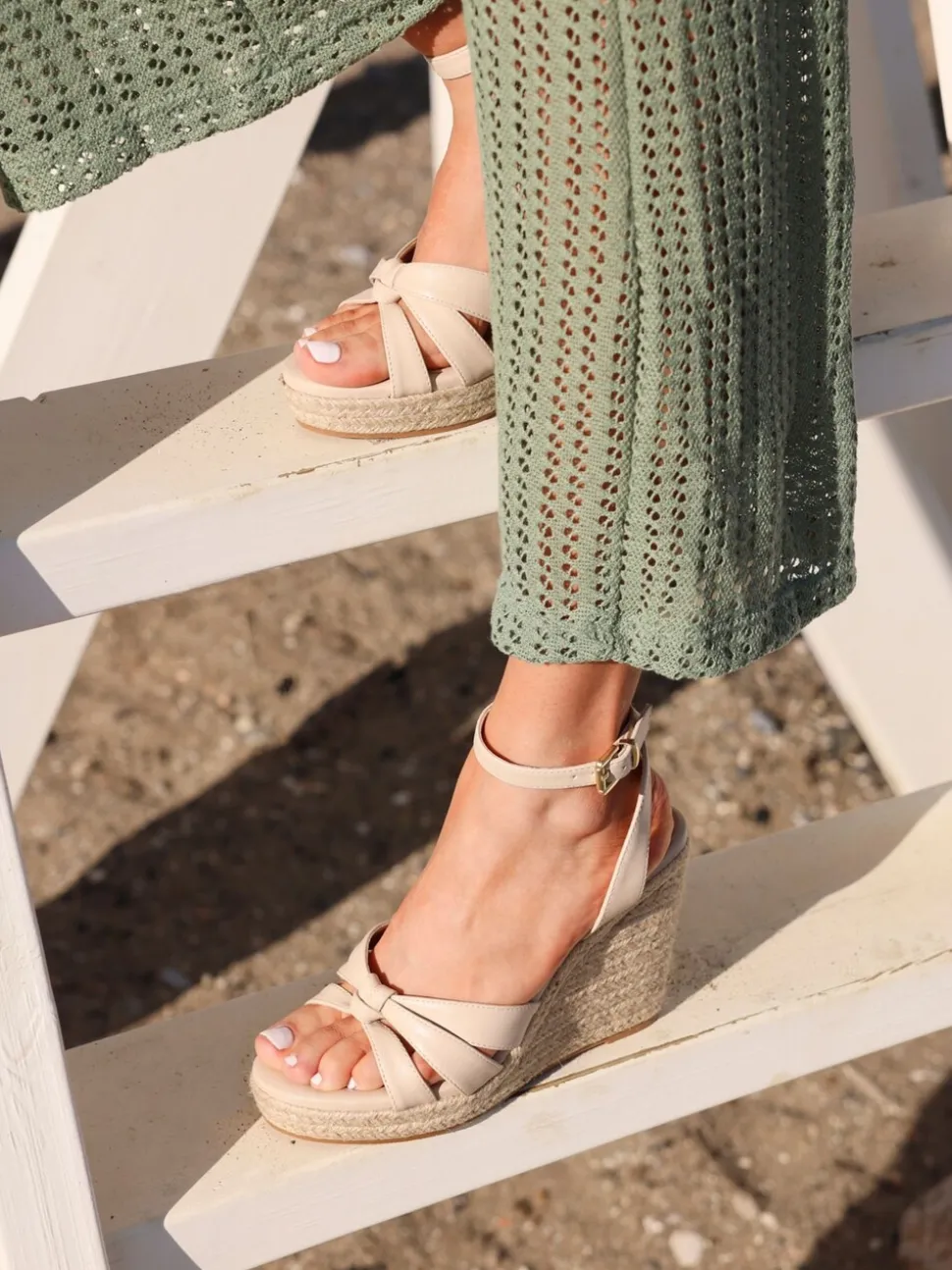 Linzi Nude Goddess Wedge Sandals With Knotted Front Straps