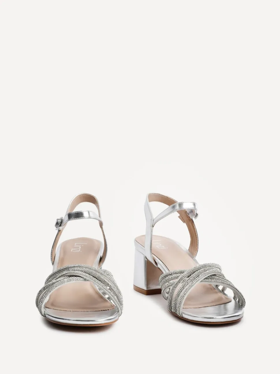Linzi Silver Gracie Diamante Front Strap Low Block Sandals