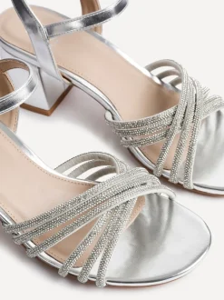 Linzi Silver Gracie Diamante Front Strap Low Block Sandals