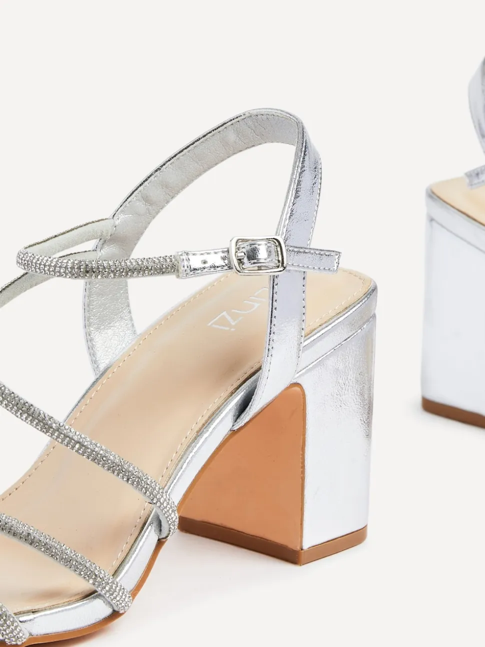 Linzi Silver Kira Strappy Diamante Block Heeled Sandals