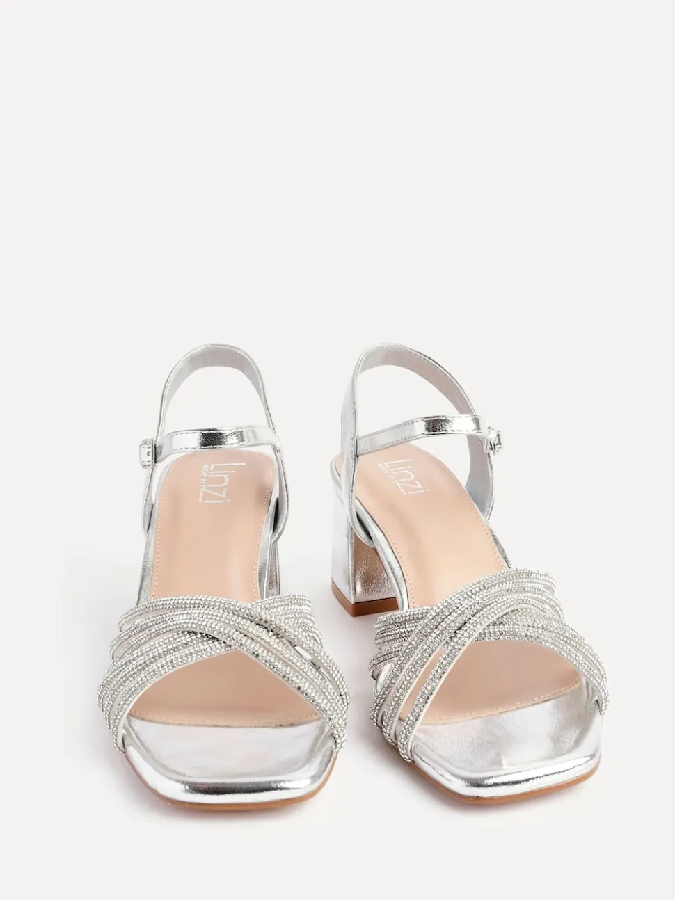 Linzi Silver Strictly Wide Fit Diamante Crossover Heeled Sandals
