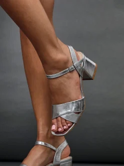 Linzi Silver Vivian Wide Fit Heeled Sandals With Crossover Front Strap