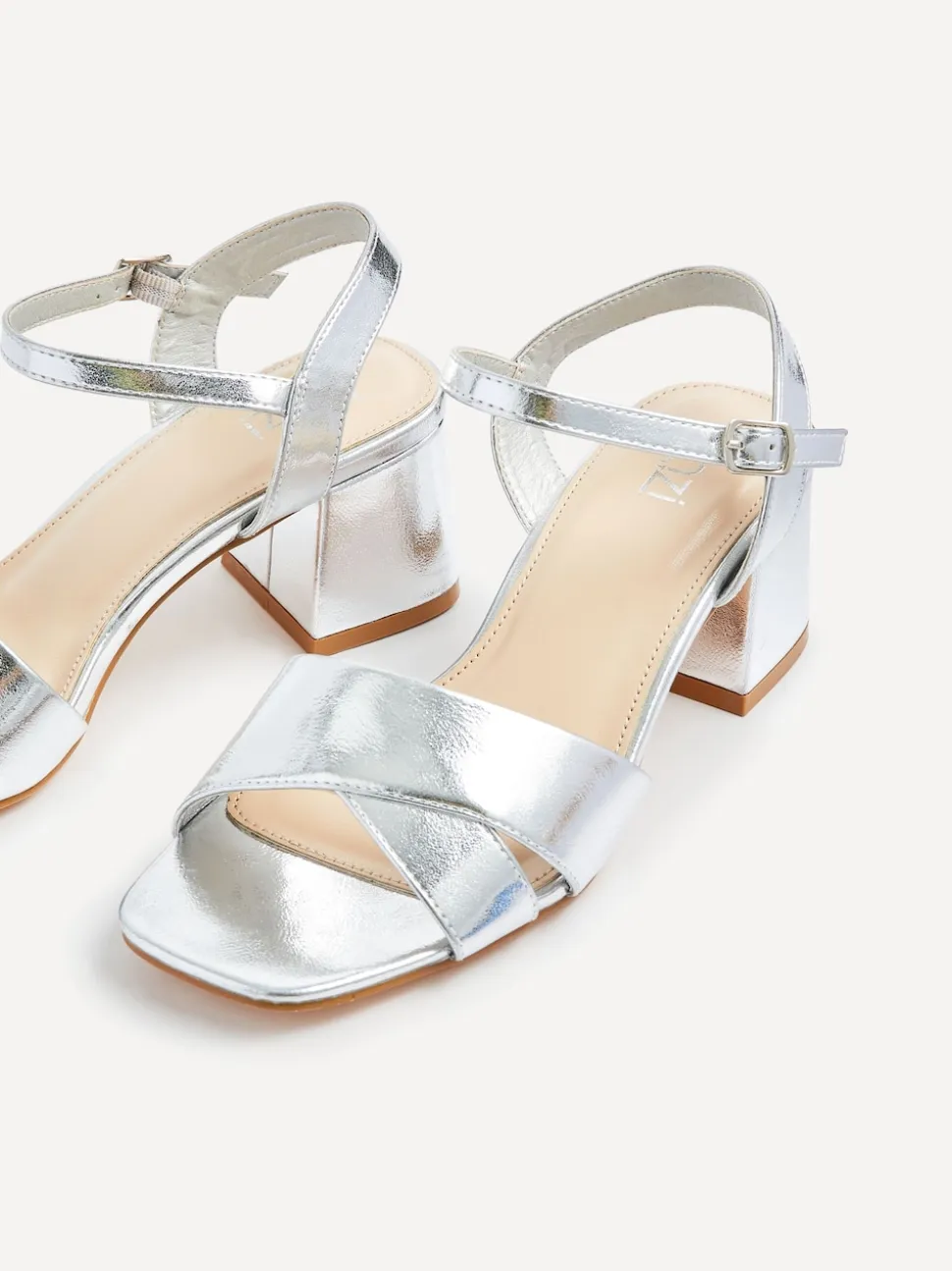 Linzi Silver Vivian Wide Fit Heeled Sandals With Crossover Front Strap