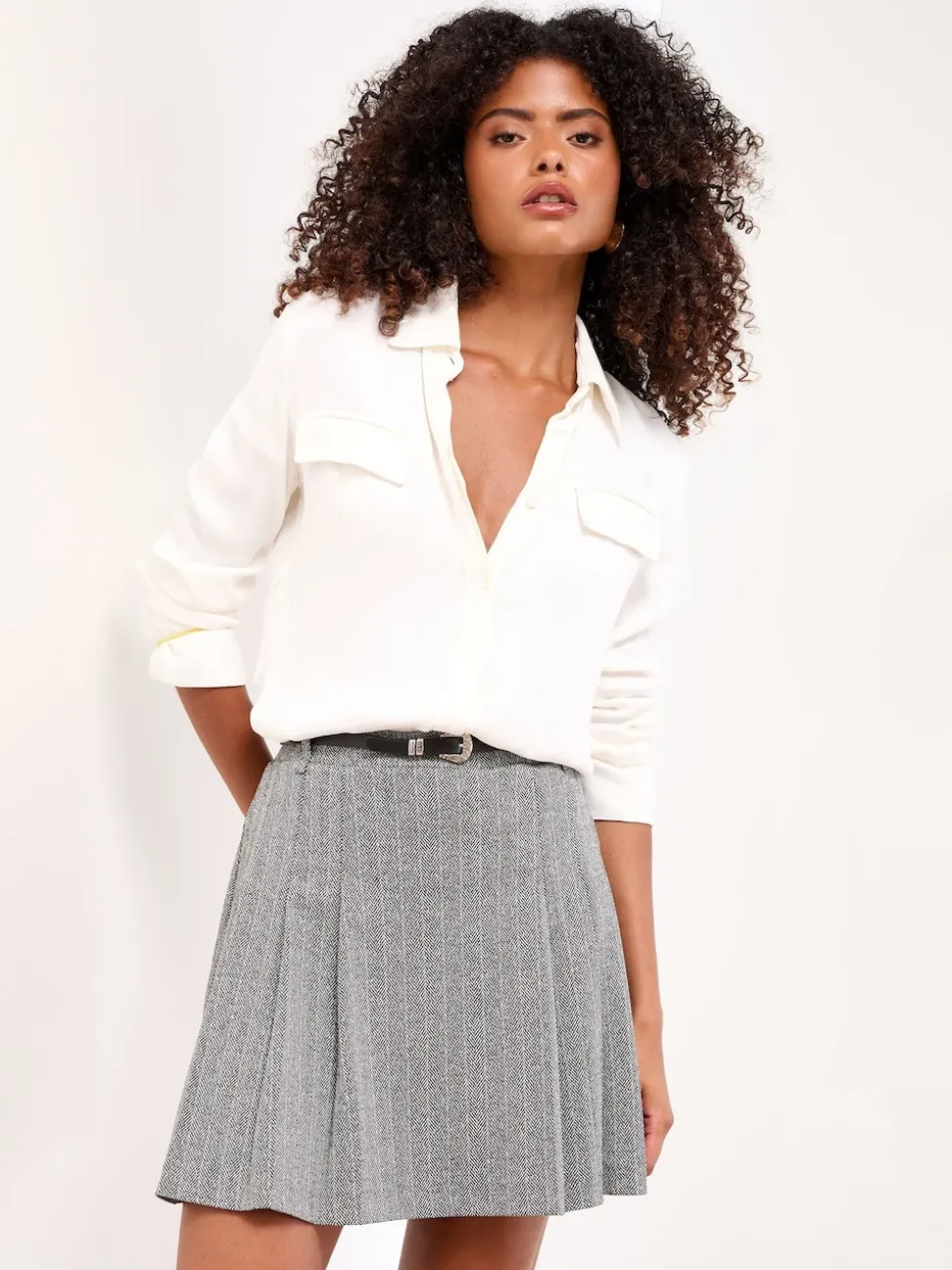 Lipsy Belted Grey Check Pleated Mini Skirt