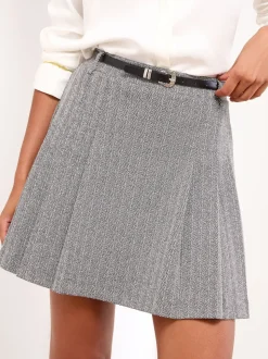 Lipsy Belted Grey Check Pleated Mini Skirt