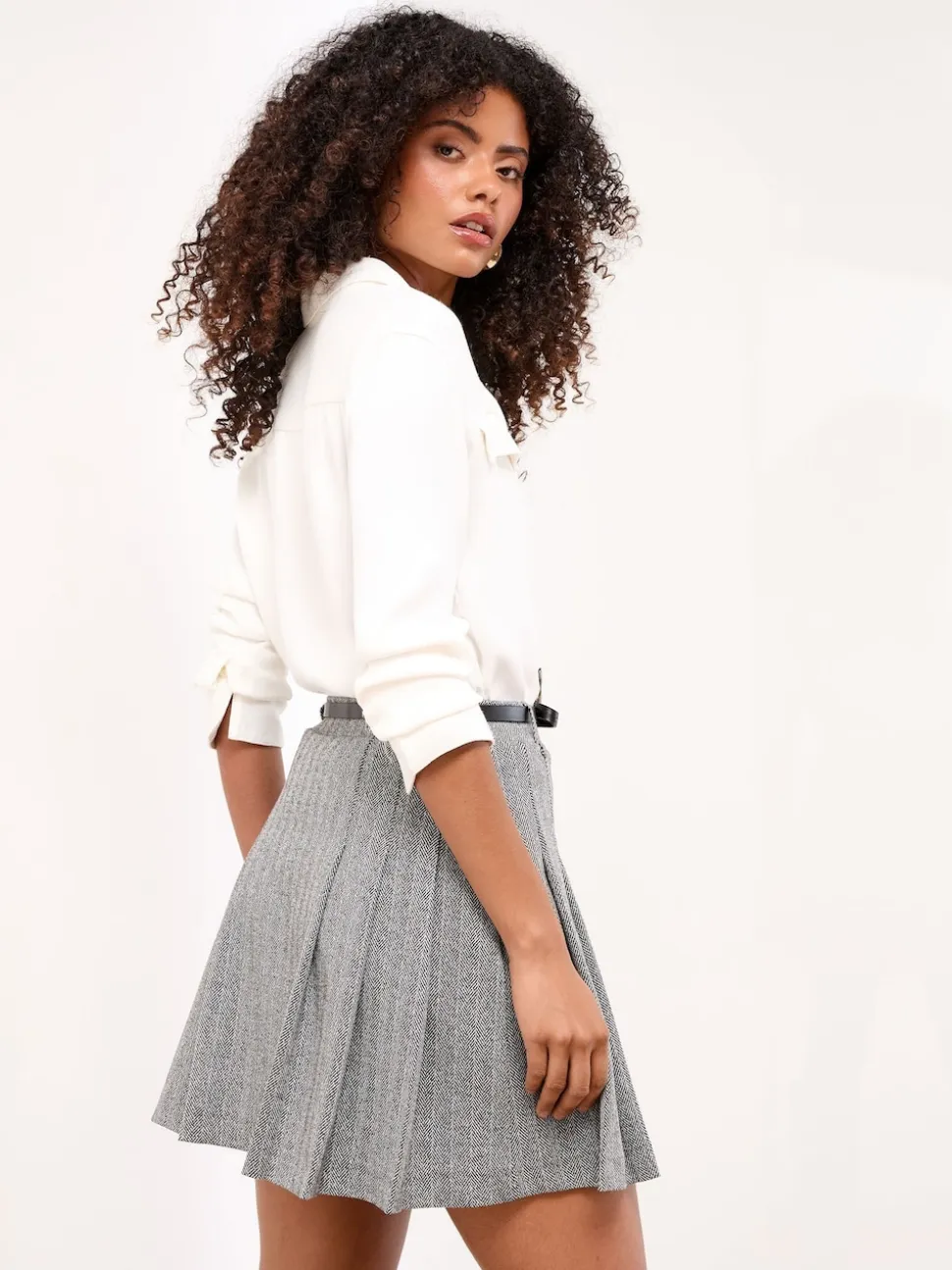 Lipsy Belted Grey Check Pleated Mini Skirt