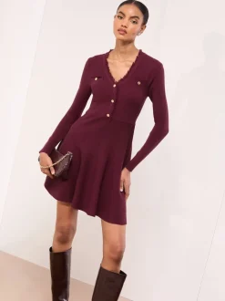 Lipsy Berry Red Fringe Buttoned V-Neck Long Sleeve Mini Knitted Dress