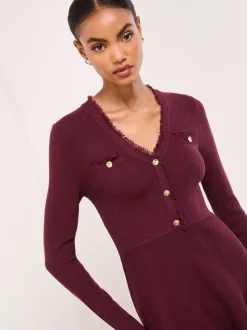 Lipsy Berry Red Fringe Buttoned V-Neck Long Sleeve Mini Knitted Dress