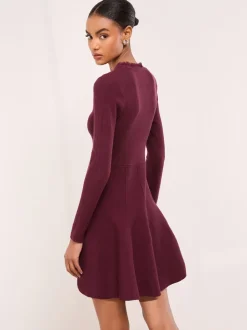 Lipsy Berry Red Fringe Buttoned V-Neck Long Sleeve Mini Knitted Dress