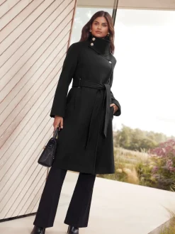 Lipsy Black Asymmetrical Funnel Neck Belted Coat