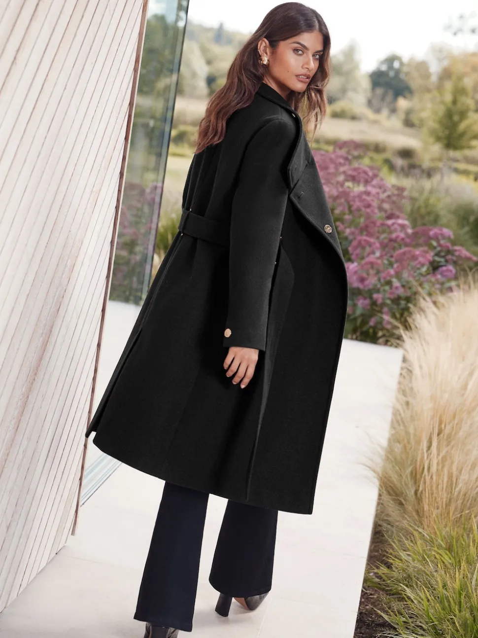 Lipsy Black Asymmetrical Funnel Neck Belted Coat